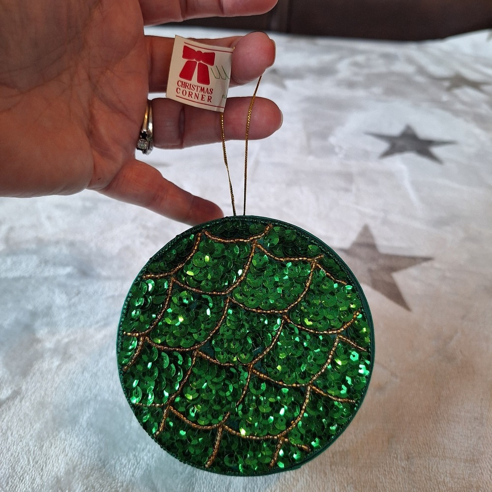 Green Ornament Sequin Satin Christmas Trinket Gift Box New Old Stock